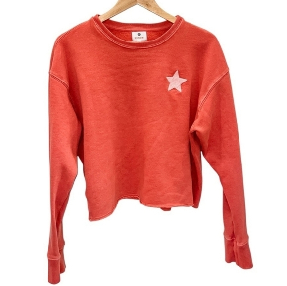 Sundry Star Logo Raw Hem Crewneck Relaxed Fit Sweatshirt Orange Red - Picture 1 of 4